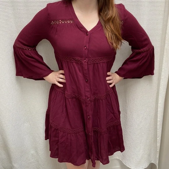 NWT Women’s Knox Rose Bohemian wine red flowy long-sleeved dress. Size small. - Picture 4 of 16